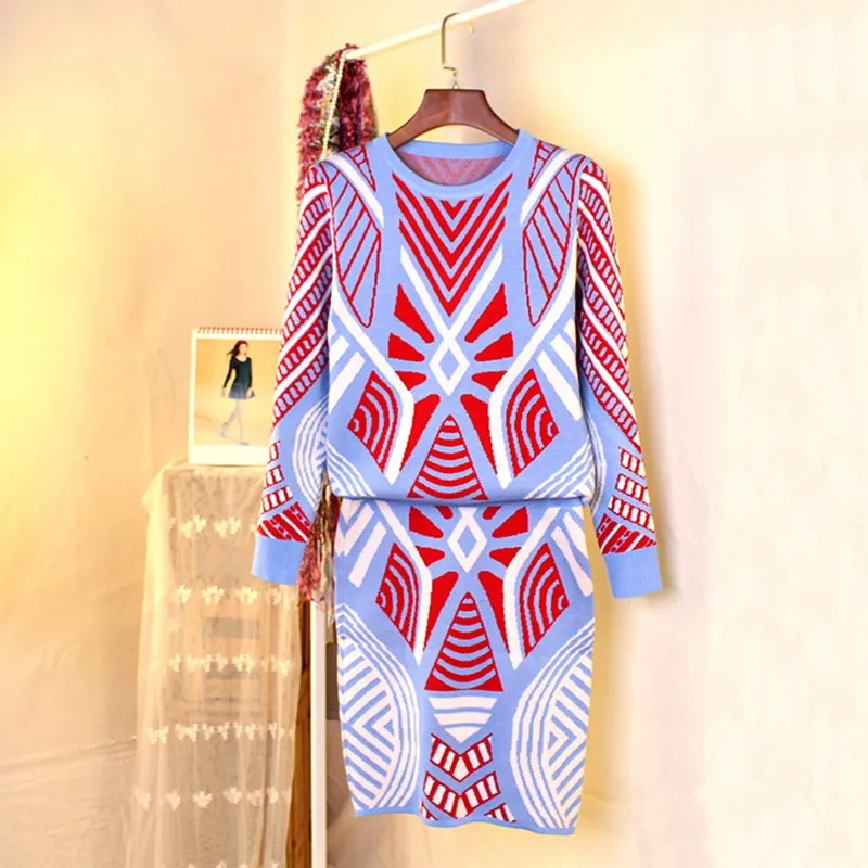 

2019 Spring Women Casual Tracksuit Geometric Sweaters Tops Skirt 2 Piece Set Ladies Casual Knitted Suit