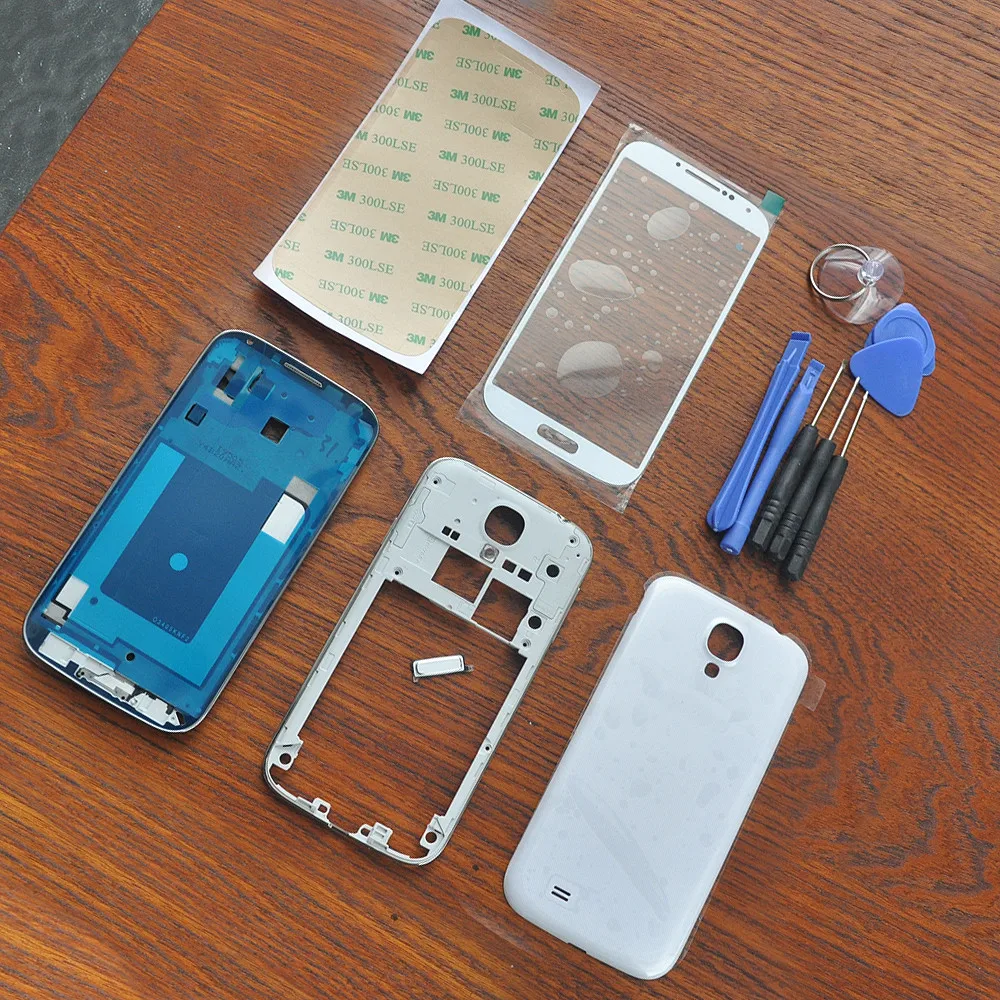 

White Housing Cover Frame Middle Chassis Battery Cover,Outer Glass,3M Adhesive,Tools,Home Button For Samsung Galaxy S4 SIV i9505