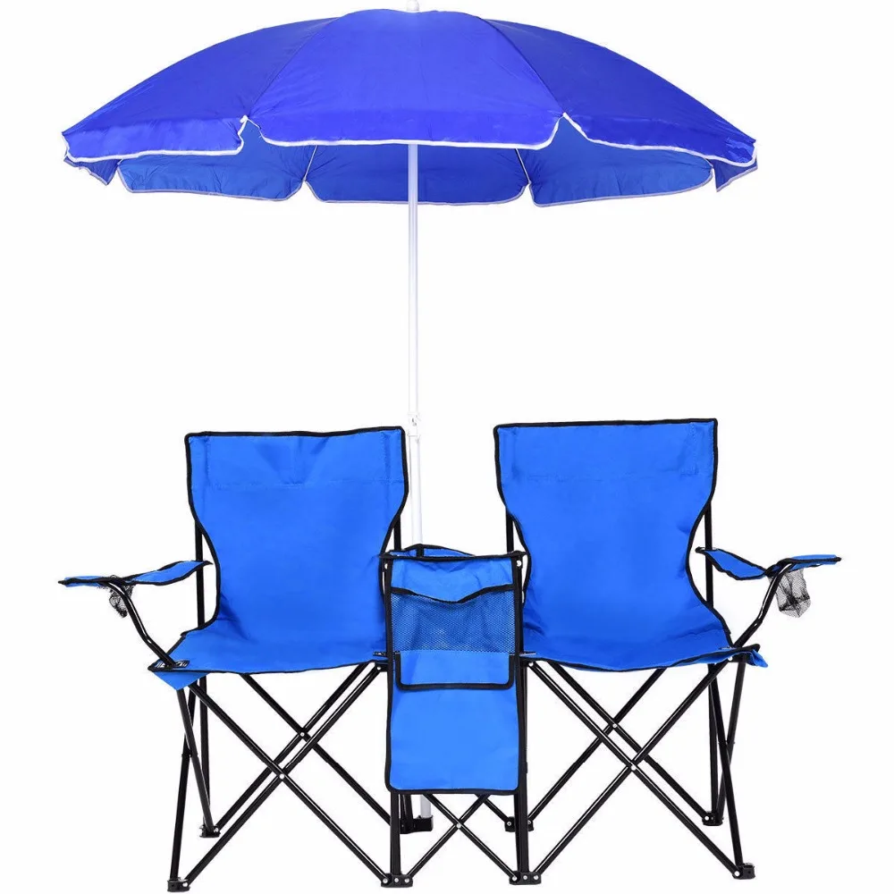 Double Portable Folding Picnic Chair W Umbrella Table Foldable