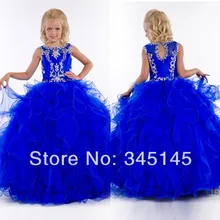 Лидер продаж Пышное Бальное платье принцессы с оборками из органзы, платья на выпускной для девочки пол Длина Королевский синий Платье в цветочек для девочек вырез на спине