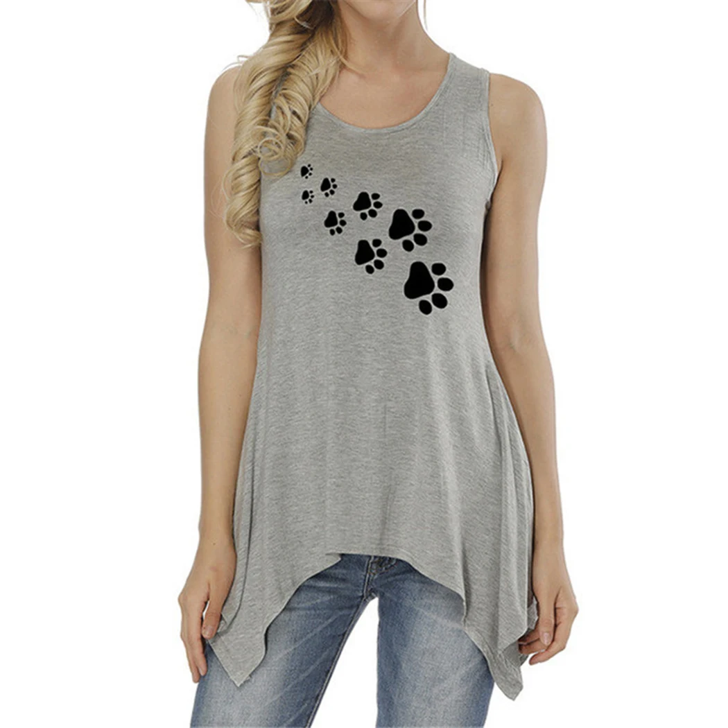 

Women Heart Cat Paw Print T Shirt Plus Size Sleeveless Irregular Summer Tops Long T-Shirt 2019 Casual Ladies 3XL Tee Shirt Femme