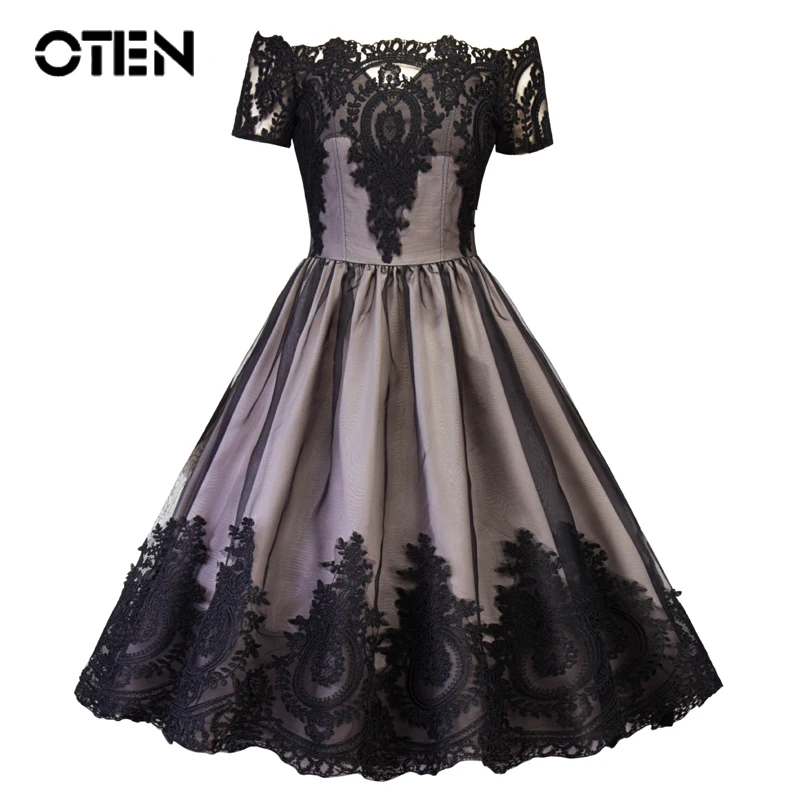

OTEN retro black dress lady new 2018 summer elegant sexy mesh lace Patchwork Off shoulder A Line swing dress boho vintage dress