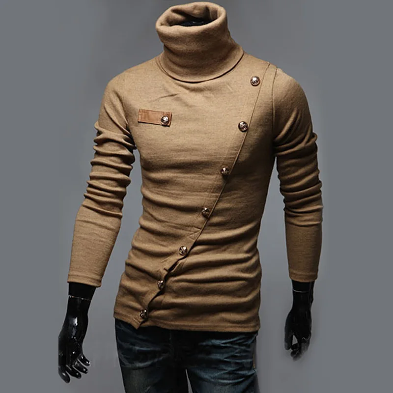 Idopy мужской свитер на осень и весну с воротником-стойкой, Повседневный свитер с круглым вырезом, уличный стиль, приталенный пуловер на пуговицах для мужчин - Цвет: Хаки