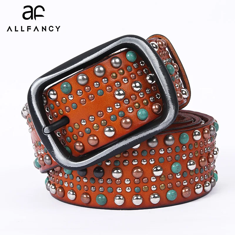 

Color rivet leather belt 100% First layer cowhide personality woman's belt Gothic turquoise decoration cowboy male belt
