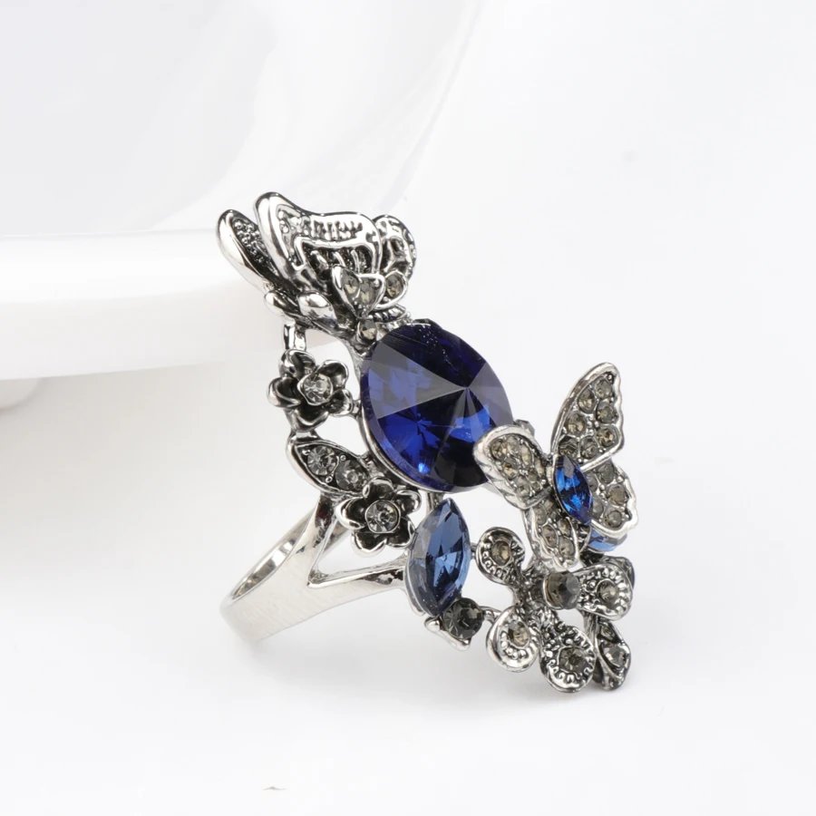 Wbmqda Hot Purple Stone Butterfly Rings For Women Fashion Antique Silver Color Wedding Jewelry Big Rhinestone Ring Party Gift