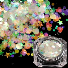 1 коробка голографический AB Блеск для ногтей чешуйки зеркальные переливающиеся ногти блестки звезда круглый хромированный порошок Маникюр украшение CH678