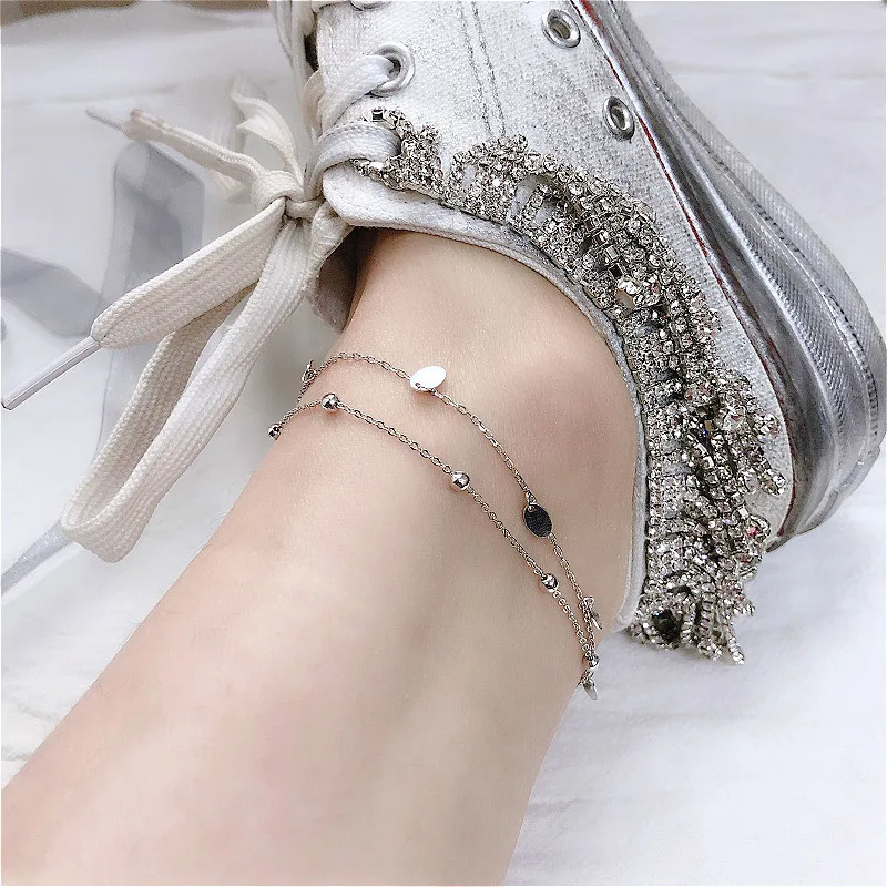 Flyleaf Simple Double Layer Sequin Bead Real Sterling Silver 925 Anklet For Women Fashion Leg Fine Jewelry Girl Anklets On Foot