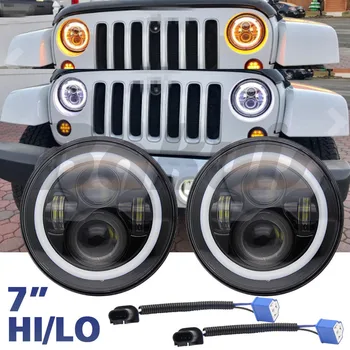 

7inch LED Halo Headlights Kit 7" LED Headlight H4 Hi/low Auto Headlight With Angle Eye For Jeep Wrangler JK TJ Hummer Defender