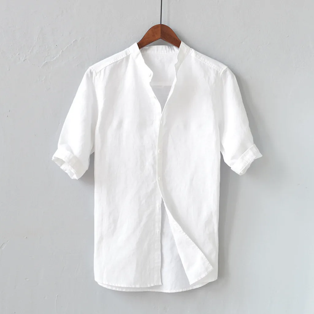 Men Shirts Mens White Shirt Linen Summer Men's Breathable Solid Color Button Cotton Shirt Five-point Sleeve Sleeve Camisa 2020 Men Shirts Mens White Shirt Linen Summer Men's Breathable Solid Color Button Cotton Shirt Five-point Sleeve Sleeve Camisa 2020