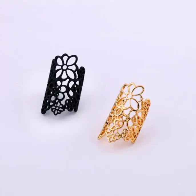 

Royal Fashion Black And Gold Opening Ring Hollow Out Flower Women's Ring R323