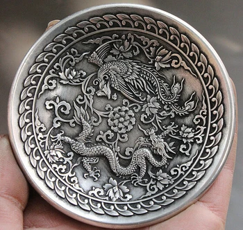 

decoration bronze factory outlets Tibet Silver Marked Chinese Dynasty Miao Silver Dragon phoenix peony Statue Dish Tray Plate