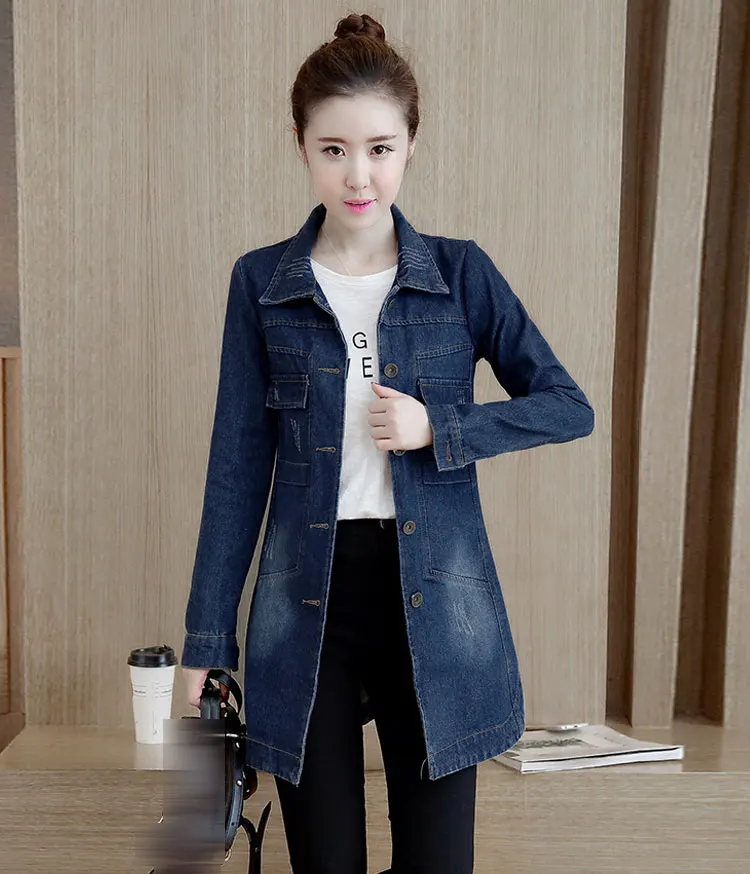 Весенняя Корейская Повседневная Стильная джинсовая куртка, женское приталенное длинное базовое пальто, женское однотонное потертое джинсовое длинное пальто больших размеров