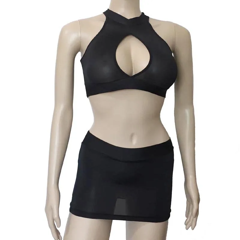 

Women Semi Sheer Silky Breast Exposing Sexy Lingerie Set Crop Top Tank Top and Skinny Micro Mini Skirt Pole Dance Fancy Costume