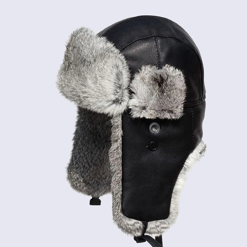 Genuine Leather Rabbit Fur Winter Bomber Hats Men Women's Natural Fur