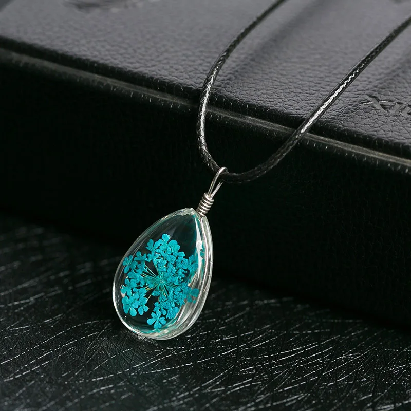 Handmade Lace Flower Glass Water Drop Shape Pendant Leather Chain