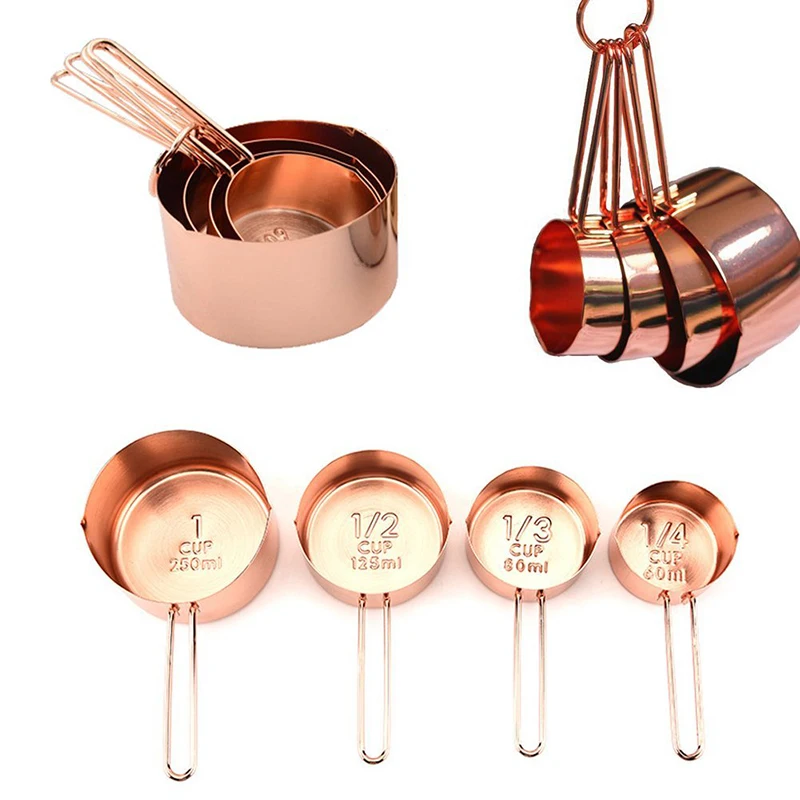 

4Pcs Kitchen Stainless Steel Measuring Cups Set Copper Plated Measuring Tools For Baking Coffee Tea Pastry Kitchen Cooking Tool