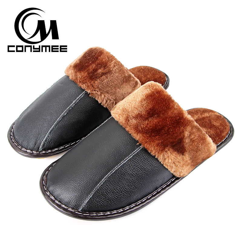 

CONYMEE Winter Slippers Men Genuine Leather Flat Shoes 2018 Home Indoor Warm Shoes Fur Sneakers Non-Slip Oxford Cotton Slipper