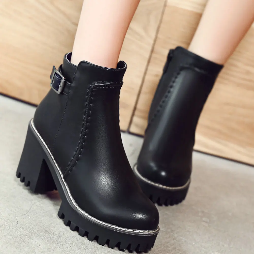 

Women Boots Thick Heel Ankle Boots PU Leather Platform Zipper Boots Round Toe Autumn Winter Ladies Shoes Beige Black Gray 2018