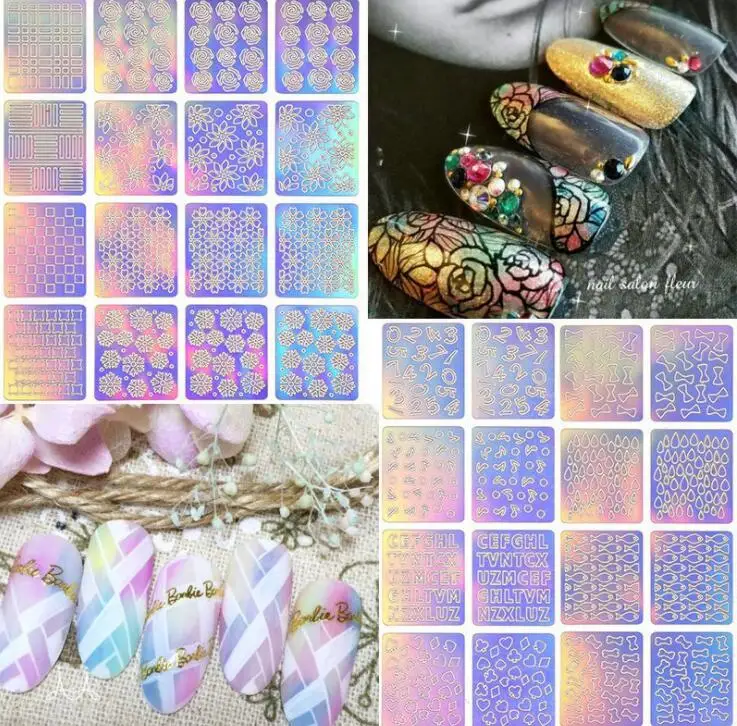 

12 Sheets/set Hollow Stencil Sticker Nail Art Transfer Tips Template Stickers Nail Vinyls Adhesive 3D Fingernail Nail Art Tool