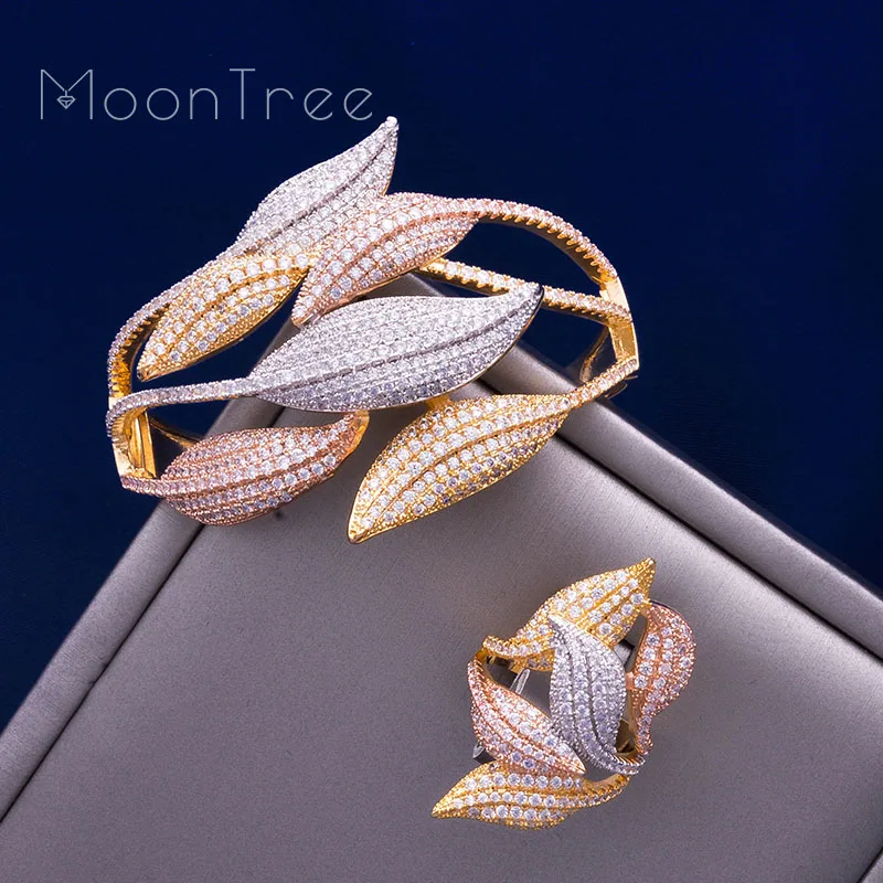

MoonTree Luxury SunFlower 3 Tone Full AAA Cubic Zirconia Wide Bracelet Bangle Ring Set Dress jewelry sets For women