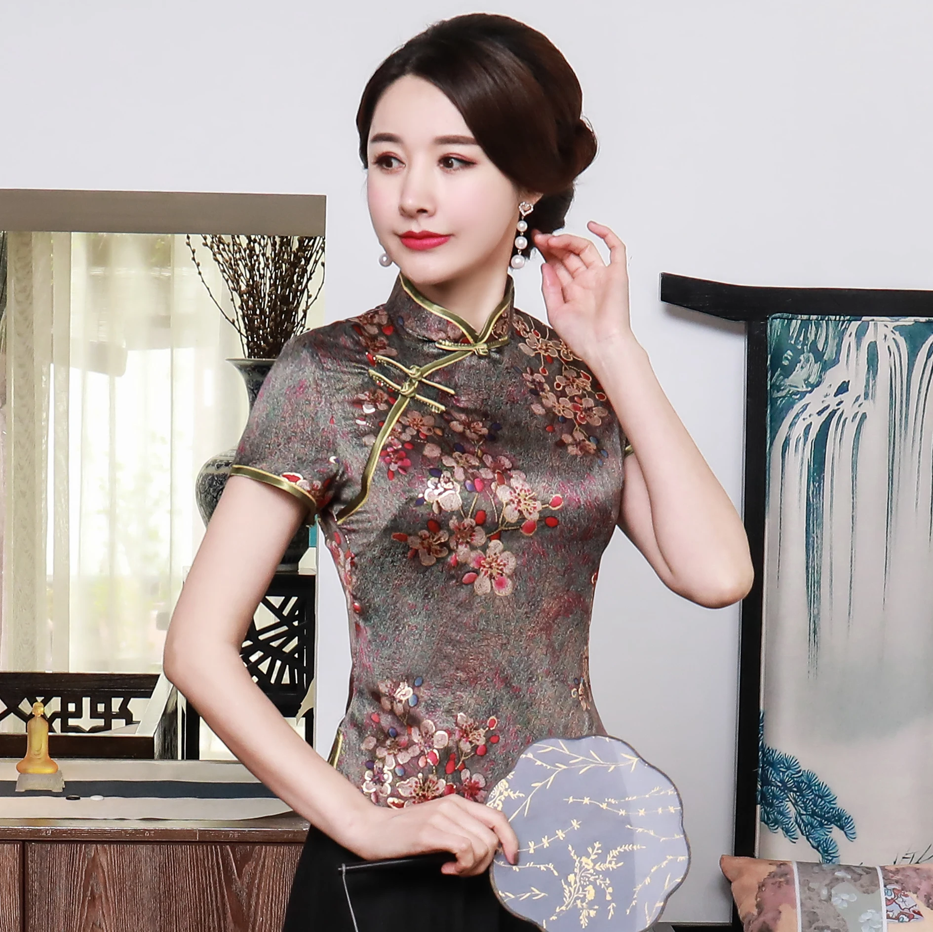 Chinese Women Print Blouse Plus Size 3XL 4XL Elegant Female Tang Top Short Sleeve Vintage Shirt Mandarin Collar Tops A0101