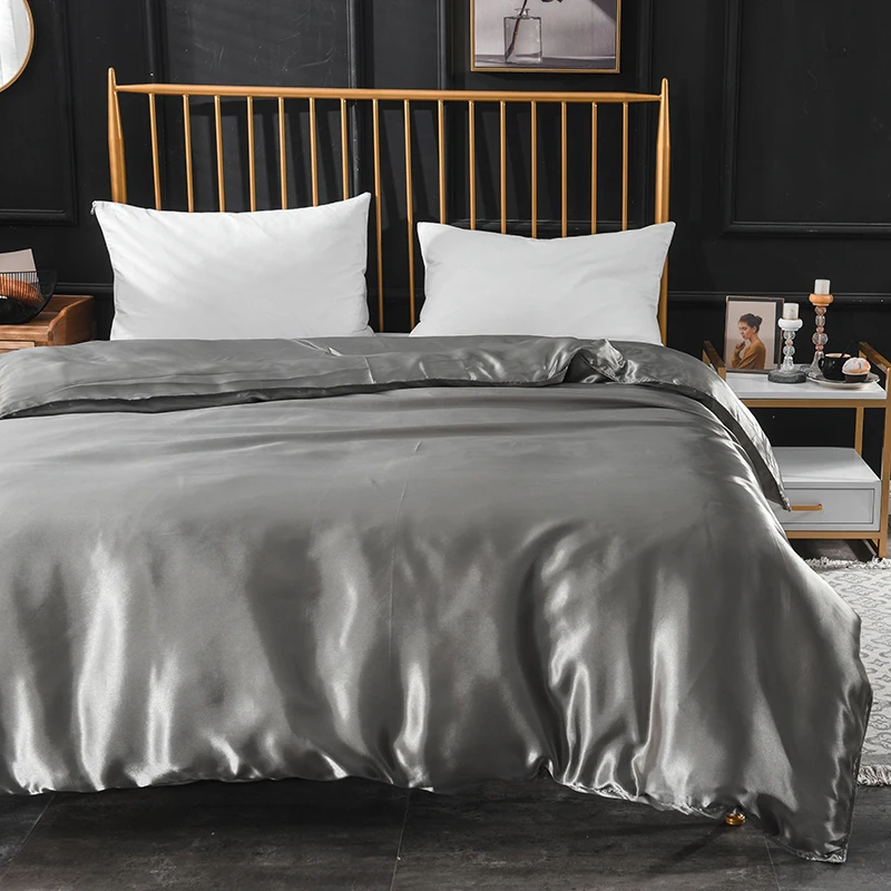 Liv-Esthete New Luxury Satin Silk Gray Bedding Sets Silky 1pcs Duvet Cover Set Bed Set Single Double Queen King Quilt Cover