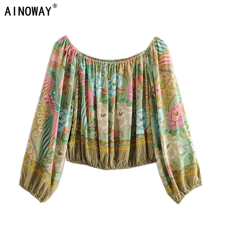 

Vintage chic women floral printed bohemian lace-up blouse o-neck long sleeve shirts loose boho shirts female oversize