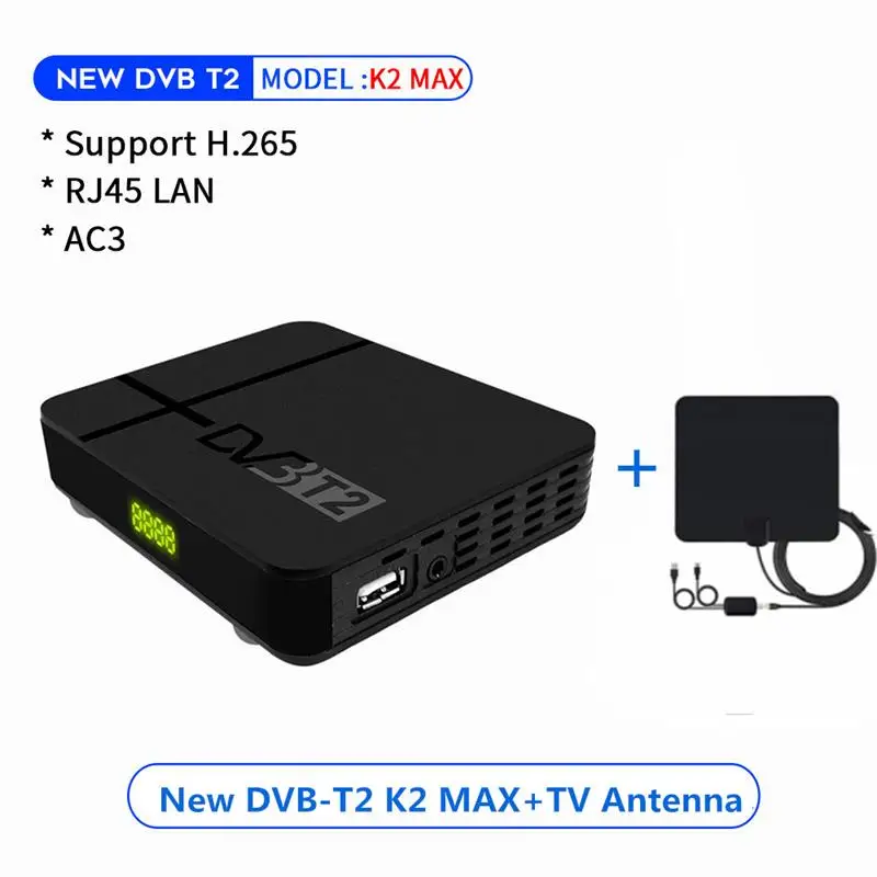 Vmade Full HD цифровой DVB-T2 K2 MAX наземный ТВ приемник тюнер Встроенный RJ45 LAN Поддержка H.265 IP tv DVB T2 ТВ коробка+ ТВ антенна - Цвет: K2 MAX-TV Antenna