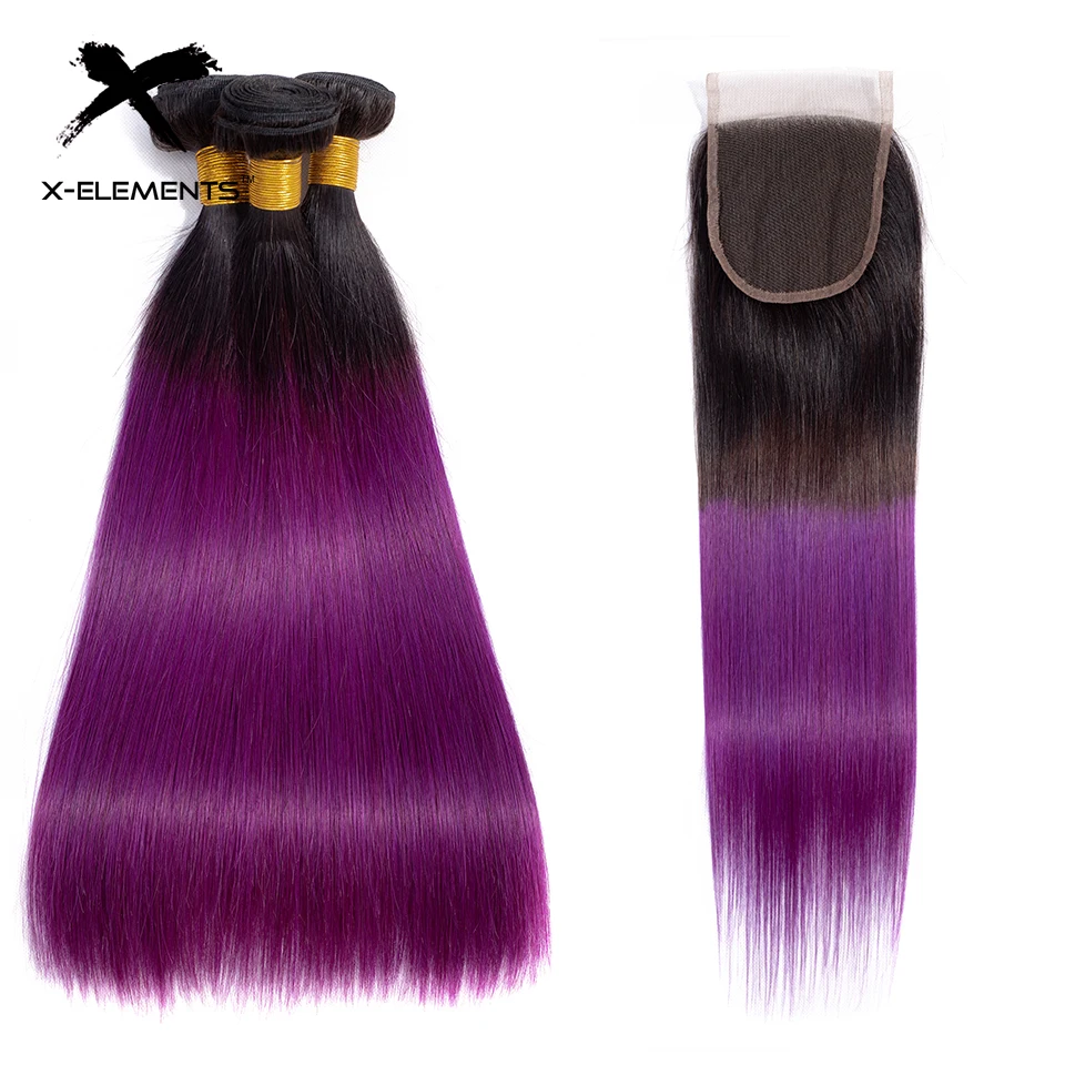 X-Elements Ombre Peruvian Straight Hair Bundles With Closure 3 Pcs with Closure T1B Purple Ombre Human Hair Weave With Closure  (1)