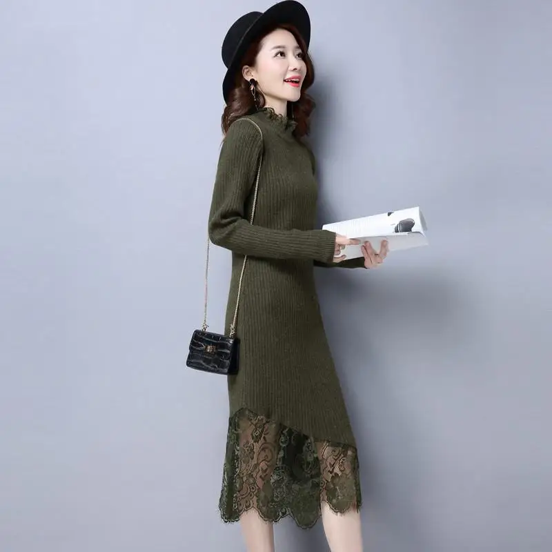 

2019 Spring Autumn Winter Women Sweater Dresses Ladies Warm Long Dress Slim O-Neck Lace Patchwork Solid Robe Knitted Dress X106