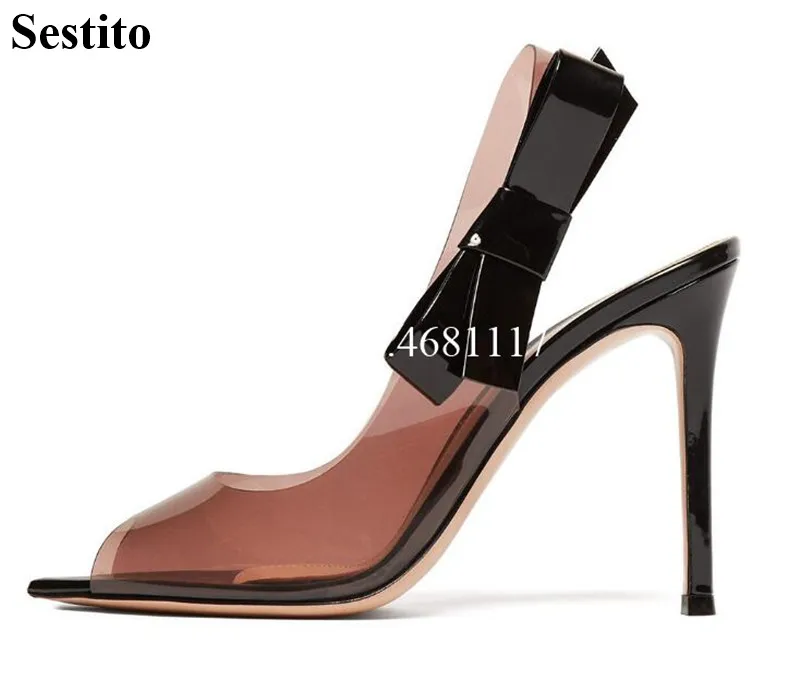 

2019 new transparent bare feet sexy pointed toe single shoes was thin pointed fish mouth hollowed out with bow sandals