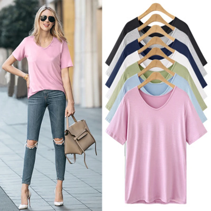 2019 Korean T Shirt Women V-Neck Solid Color T-shirt Female Short Sleeve Plus Size 5xl 6xl Loose Casual Bottoming Tshirt White | Женская