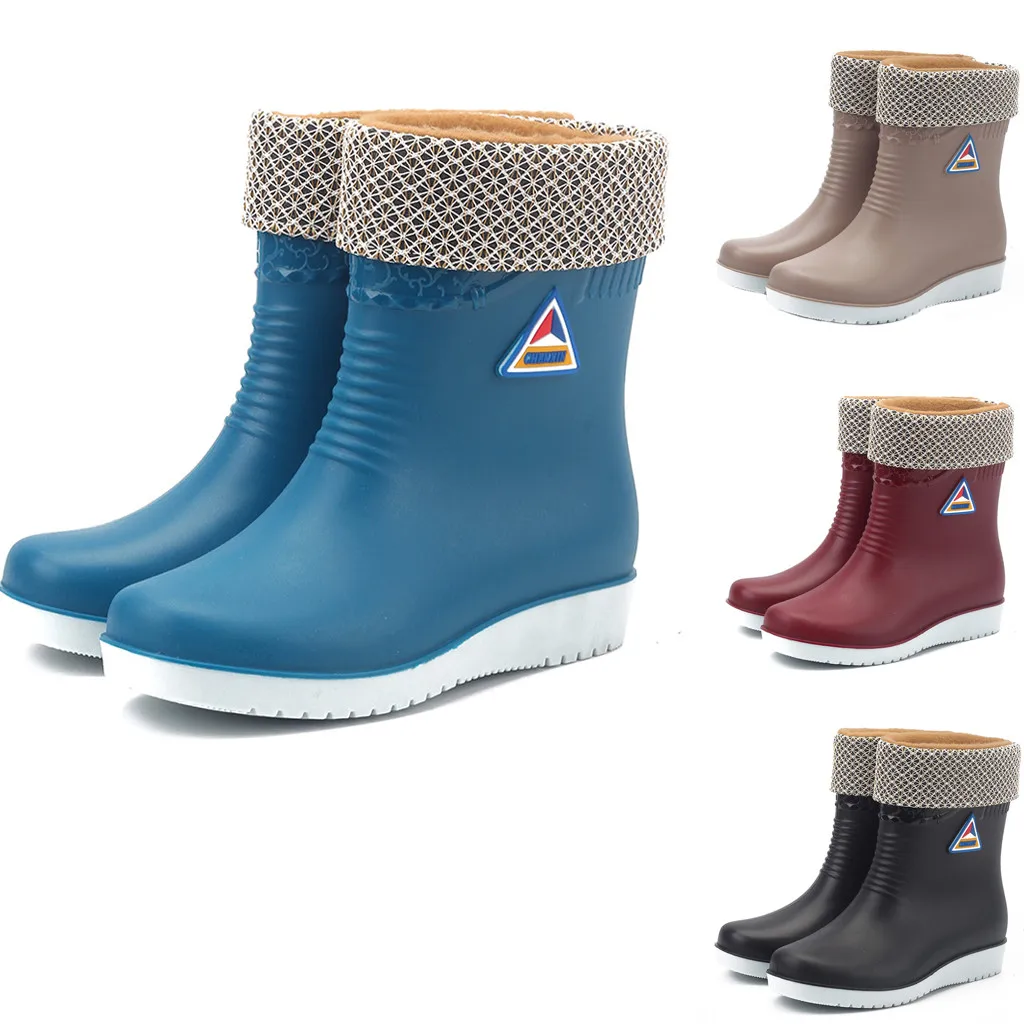 

fashion mid calf boots for women Flats Non-slip Round Toe Athletic shoes woman Waterproof Galoshes Rain Boots zapatos de mujer