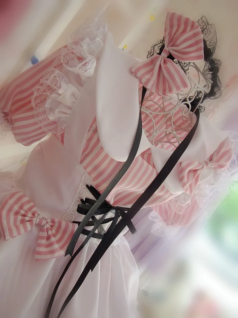 

Original Design Super Cute Girls Japanese Maid Dress Blue Pink Red Stripe Bows Lolita Cosplay Costume colors