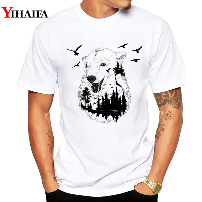 

T-Shirt Men Stylish 3D Print Wolf Forest Bird Graphic Tees Casual T Shirts White Tee Crew Neck Animal Summer Tops