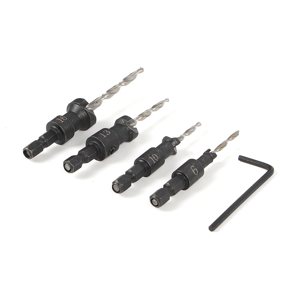 4Pcs HSS Countersink Drill Bit Cone Bit Set Quick Change Wood Hex Shank Screw Carpentry Woodworking Tools 6#,8#,10# and 12#