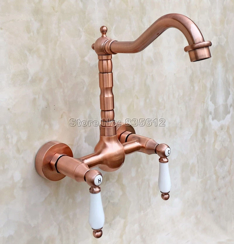 

Antique Red Copper Bathroom Basin Swivel Spout Faucet Wall Mounted Dual Ceramic Handles Vessel Sink Mixer Taps Wrg034