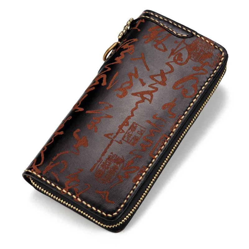 

Manual unisex long zipper wallet First layer cowhide laser engraving Chinese style calligraphy large capacity multi-card wallet