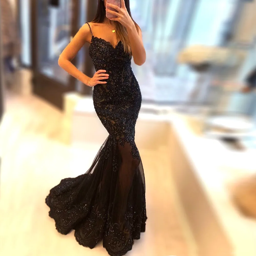 

robe de soiree Mermaid Embroidery Lace Evening Dress Spaghetti Straps Sweetheart Sheer Illusion Beaded Long Prom Bridal Gowns