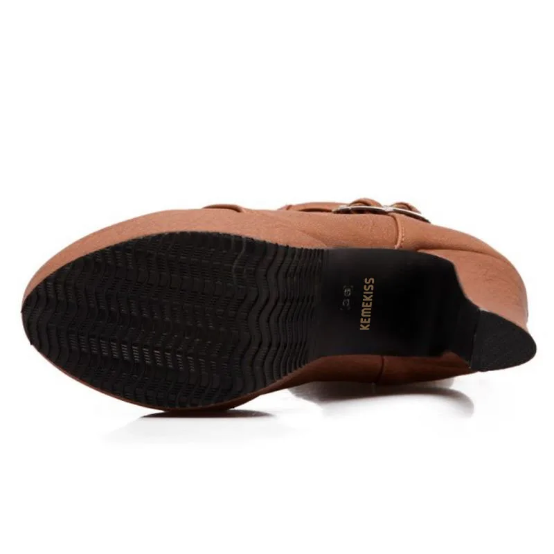 Cena FITWEE rozmiar 30 50 kobiet szpilki botki moda pani pasek krzyżowy buty kobiety zimowe ciepłe Botas obcasy okrągłe Toe obuwie