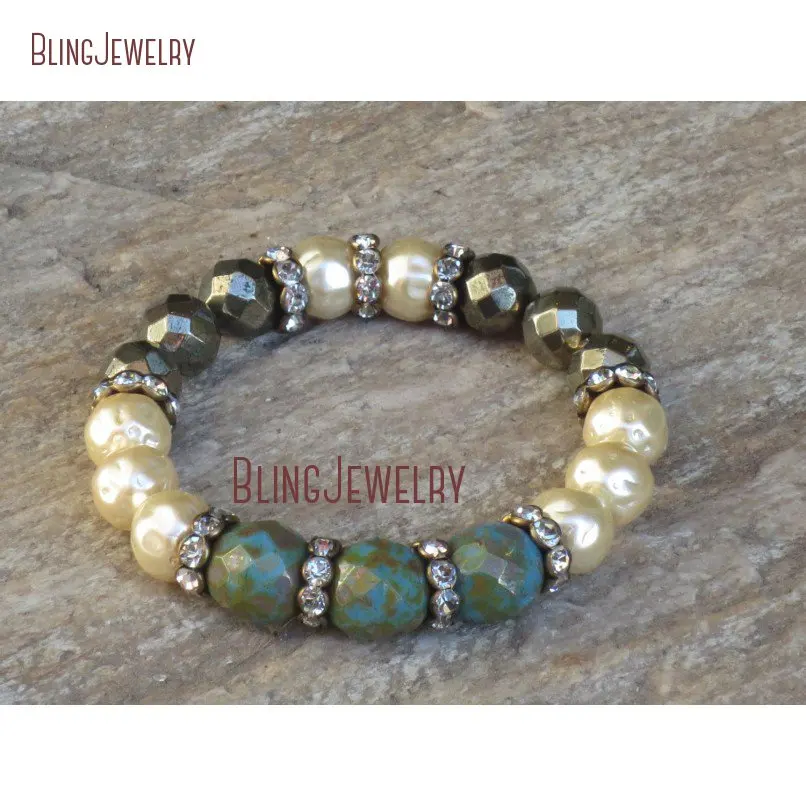20190307-BM24072-on sale boho hippie czech turquoise and czech pearls with pyrite and crystals stretch bracelet