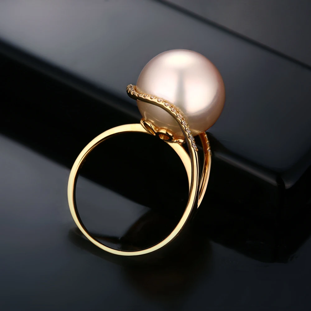 Новая коллекция 18 К желтое золото драгоценное 12-13 мм круглый пресноводный жемчуг кольцо 0.18ct натуральный бриллиант производитель