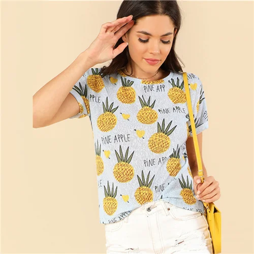 Dotfashion Футболка с принтом ананаса для женщин, топы для отдыха, модная одежда, летняя Женская милая Пляжная футболка с коротким рукавом - Цвет: Многоцветный