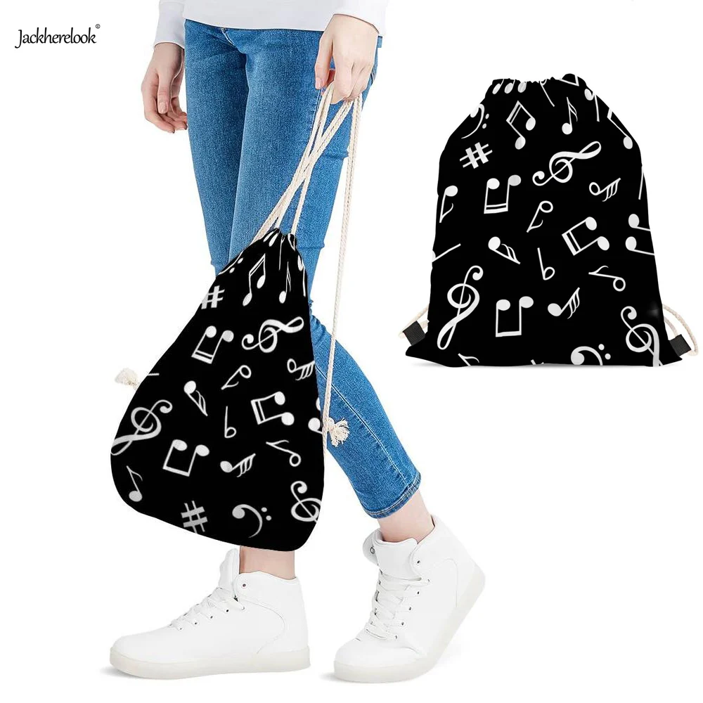 

Jackherelook Woman Backpacks 3D Music Notes Pattern Black Drawstring Bags Man Mochila Softback Outdoor Adult Storage Sack Bags