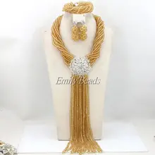 Африканская прозрачная золотистая цвета шампань бусы свадебное ожерелье браслет серьги ювелирный набор нигерийские Свадебные бусы ювелирный набор AMJ346