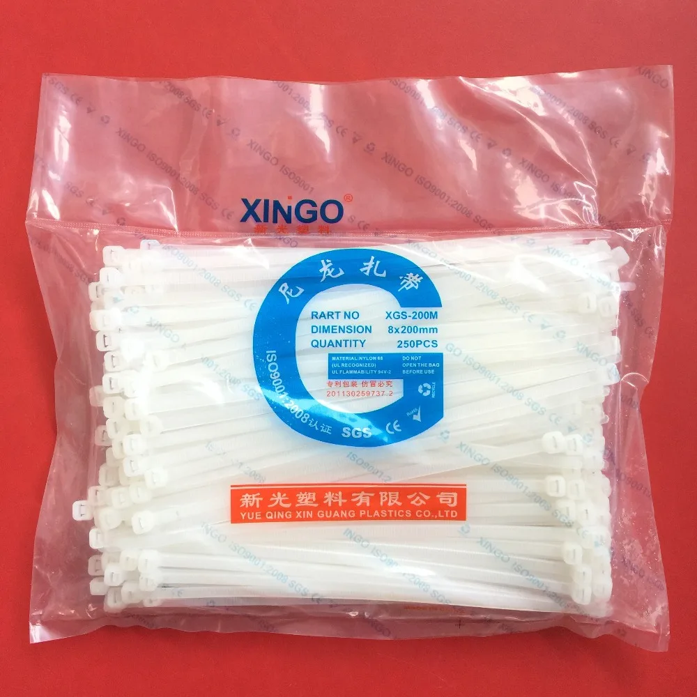 

250Pcs/pack 8*200mm High Quality width 5.2mm White Color Factory Standard Self-locking Plastic Nylon Cable Ties,Wire Zip Tie
