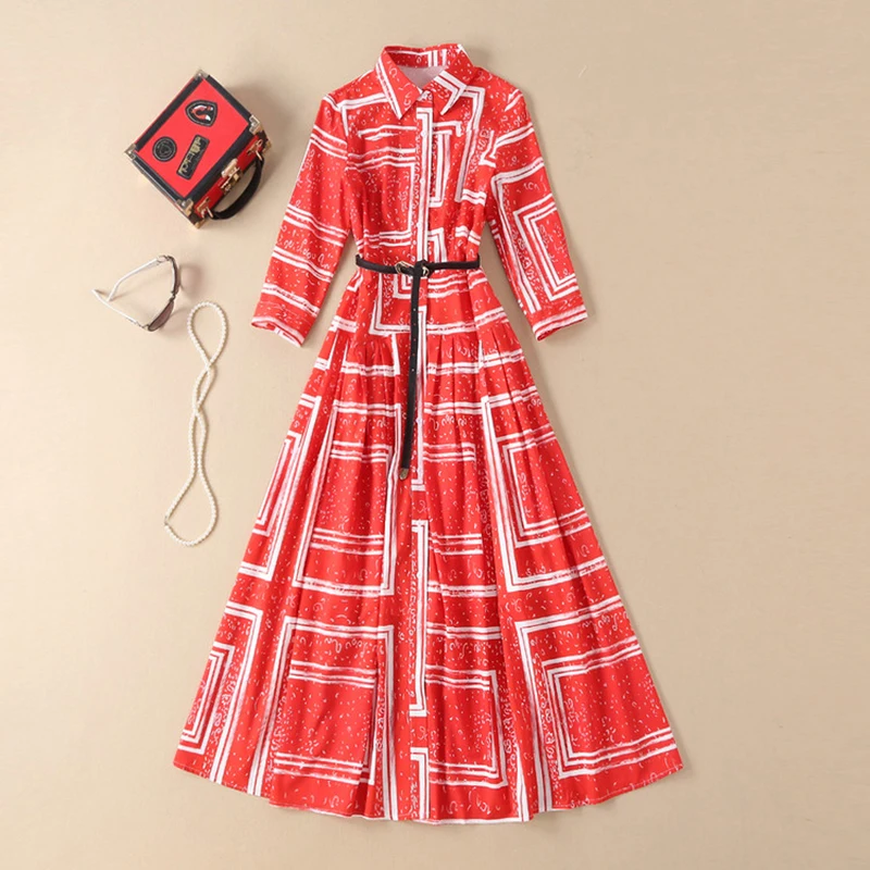 

HIGH QUALITY New Fashion 2019 Runway Dress Women's Long Sleeve Shirt Color Buttons Geometric Print Long Dress