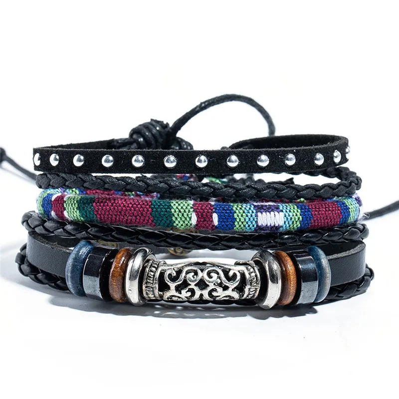 Wholesale 4pcs/lot Handmade ethnic tribal genuine rope wrap charming male pulsera black brown braided leather bracelets bangles - Окраска металла: B020457B