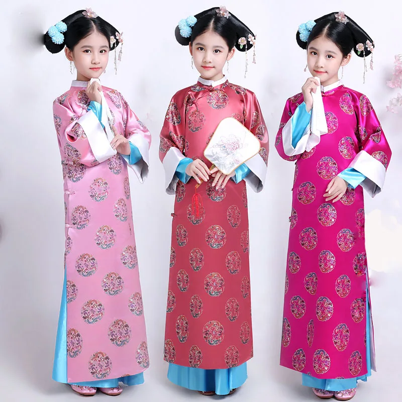 

Children's Ancient Costume Qing Dynasty Court Princess Hanfu Dress Traditional Folk Dance Clothes Kids Chinese Ethnic Costume