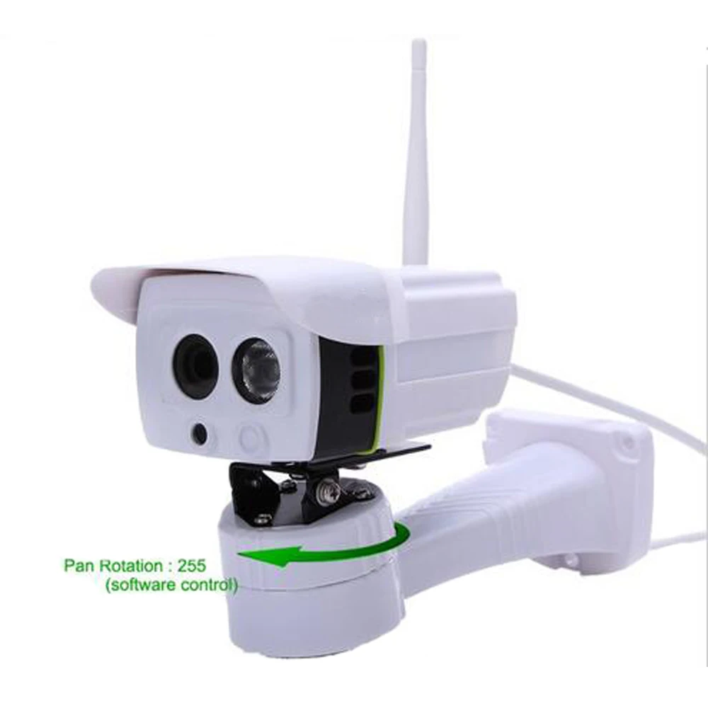 

Wireless Outdoor IP Camera Pan Rotation Control by Software ONVIF 720P 1.0 Megapixel with Micro SD Slot Array IR Night Vision